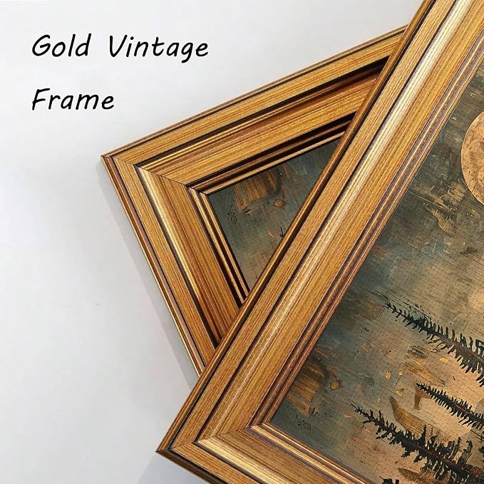 Devunaty Gold Framed Vintage Forest Full Moon Wall Art, Moonlit Pine Tree Wall Decor Paintings,Wildflowers and Mountains Rustic Woodland Nature Landscape Picture Canvas Print for Living Room 12"x16"