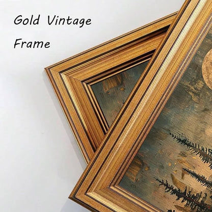Devunaty Gold Framed Vintage Forest Full Moon Wall Art, Moonlit Pine Tree Wall Decor Paintings,Wildflowers and Mountains Rustic Woodland Nature Landscape Picture Canvas Print for Living Room 12"x16"