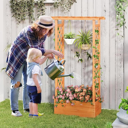 Giantex Set of 2 Raised Garden Bed with 2-Sided Trellis & Hanging Roof, Fir Wood Planter Box w/Drainage Holes, Bottom Gaps, Freestanding Garden Planter for Flowers Herbs Climbing Vines (31"x12.5"x60")