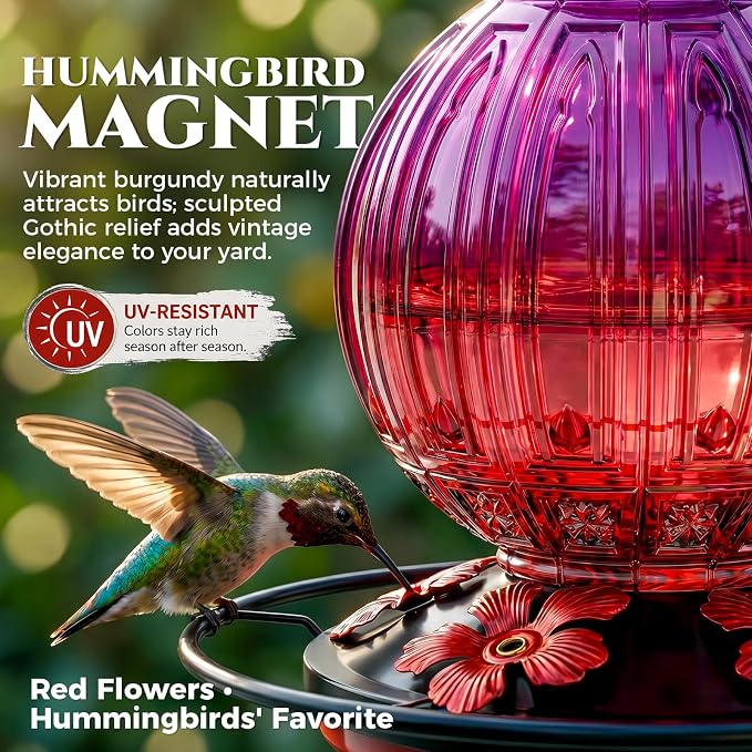 Glass Hummingbird Feeder for Outdoors Hanging, 26Oz Bird Nectar Feeder with Perch & 5 Flower Feeding Ports, Leak Proof for Outside Garden Decor Backyard, Gifts for Women Mom, Purple & Red