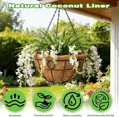 2 Pack 12 Inch Black Metal Hanging Basket Hanging Planter with Coco Coir Liner Heavy Duty Hanging Flower Pot Holder for Indoor Outdoor Patio Garden Porch Balcony Decor (Round)