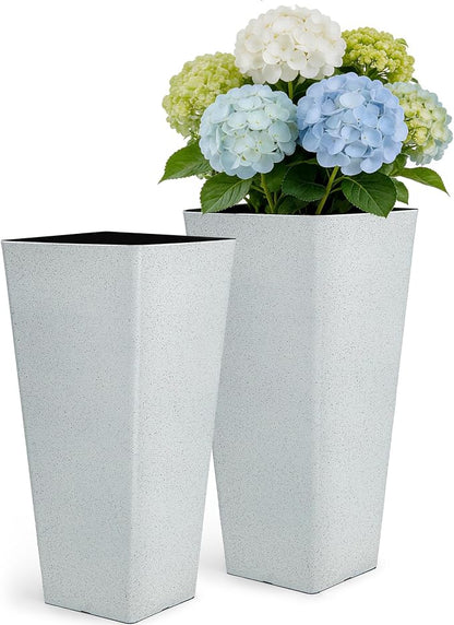 Autodaya 28" Extra-Large White Tall Planters Set of 2 Flower Pots | Tall White Planters for Outdoor Plants, Balcony, Porch, Living Room Corner, Garden, Patio, Deck, or Entryway Decor
