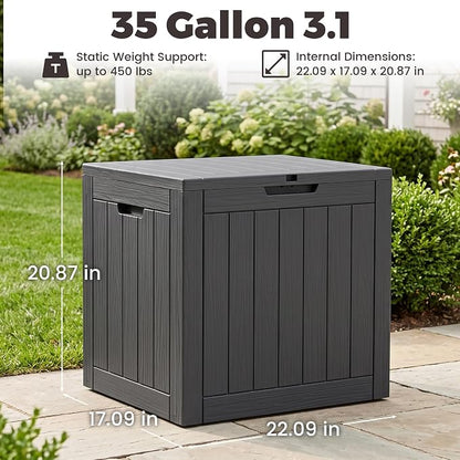 Outdoor Storage Box, 35 Gallon Waterproof Deck Box [Upgraded 3.1], Tool-Free Resin Storage for Patio Cushions, Balcony Pool Toys, Lockable Outside Side Table Ottoman, Balcony, Black