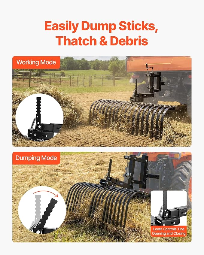 VEVOR 42 in Tow Behind Landscape Rake, 3-Point Lawn Rock Rake with Blade & Lift Lever, Fit Category 1 ATVs UTVs Lawn Tractors, Heavy Duty Dethatcher Rake for Debris Leaves Thatch