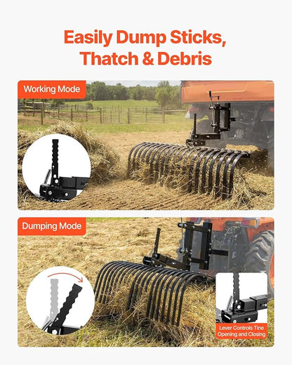 VEVOR 42 in Tow Behind Landscape Rake, 3-Point Lawn Rock Rake with Blade & Lift Lever, Fit Category 1 ATVs UTVs Lawn Tractors, Heavy Duty Dethatcher Rake for Debris Leaves Thatch