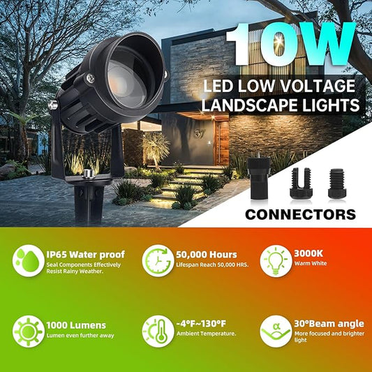 LAVAED 10W Landscape Lighting 12/24V Low Voltage Landscape Lighting LED Outdoor Spotlights 1000LM Waterproof Garden Uplights for Pathway,Patio,Yard,Flag,Tree(8Pack with Connectors)