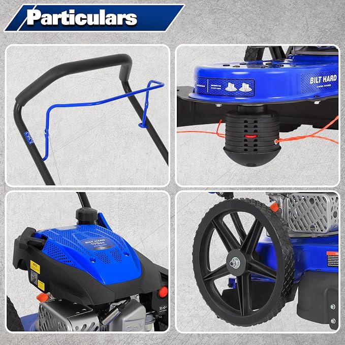 BILT HARD Walk Behind String Trimmer, 170cc 4-Cycle Gas Brush Hog Mower, 22 Inch Cutting Diameter, Push Weed Eater with 14 Inch Flat Free Wheels, Brush Cutter for Farm, Lawn, Yard