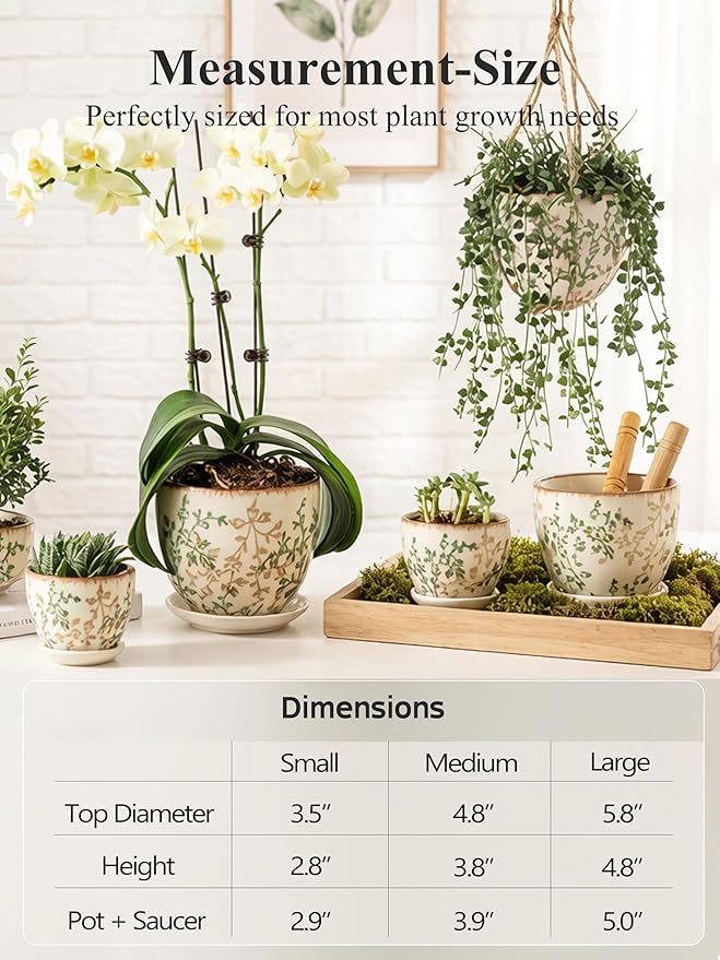 Ceramic Plant Pots, Vintage Succulent Pots, Plant Pots Indoor Set of 4, Planters with Drainage and Attached Saucer, 4.8 Inch Floral Flower Pots for Home Decor, Plant Lover Gifts