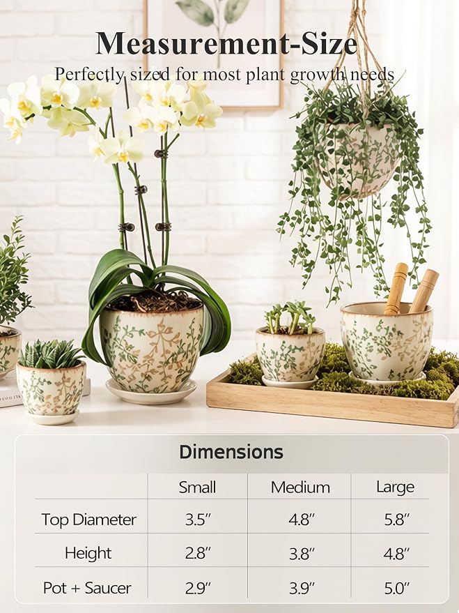 Retro Ceramic Garden Pots, 5.8 Inch Plant Pots with Drainage and Attached Saucer Set of 4, Chinoiserie Floral Large Flower Pots for Home Decor, Plant Lover Gifts, White Green
