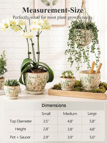 Retro Ceramic Garden Pots, 5.8 Inch Plant Pots with Drainage and Attached Saucer Set of 4, Chinoiserie Floral Large Flower Pots for Home Decor, Plant Lover Gifts, White Green