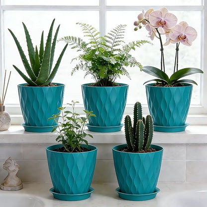 8 Inch Plastic Plant Pots,Set of 5 Flower Pots,Planters with Drainage Holes & Saucers, Indoor Outdoor Garden Pots for Home Decor(Blue-Green)