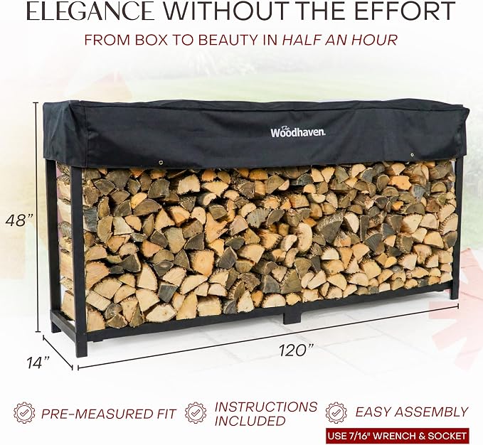 Woodhaven 10-Foot Firewood Rack – American Brand – 1/2 Cord Raised Lumber Storage Rack – Keeps Wood Dry & Ready – Heavy-Duty Steel, Lifetime Structural Warranty (With Cover)