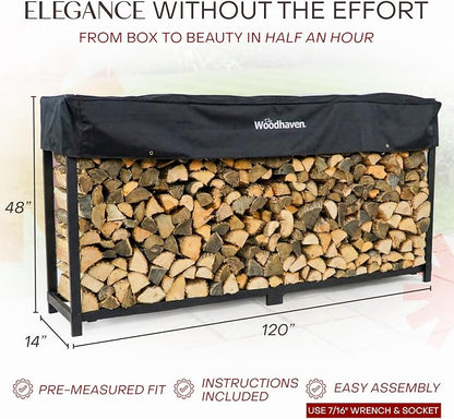 Woodhaven 10-Foot Firewood Rack – American Brand – 1/2 Cord Raised Lumber Storage Rack – Keeps Wood Dry & Ready – Heavy-Duty Steel, Lifetime Structural Warranty (With Cover)