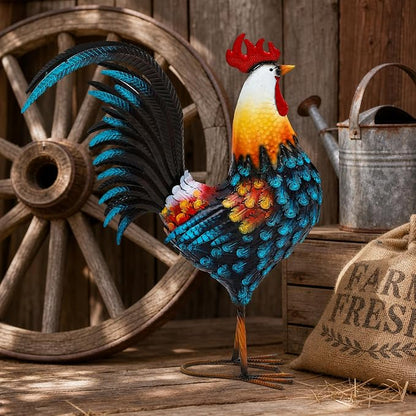 32" Majestic Metal Rooster Yard Decor, Large Outdoor Garden Statue | Outdoor Chicken Sculpture, 3D Hand-Painted, Rustic Farmhouse Style, Weather Resistant Iron, Backyard Patio Lawn Garden