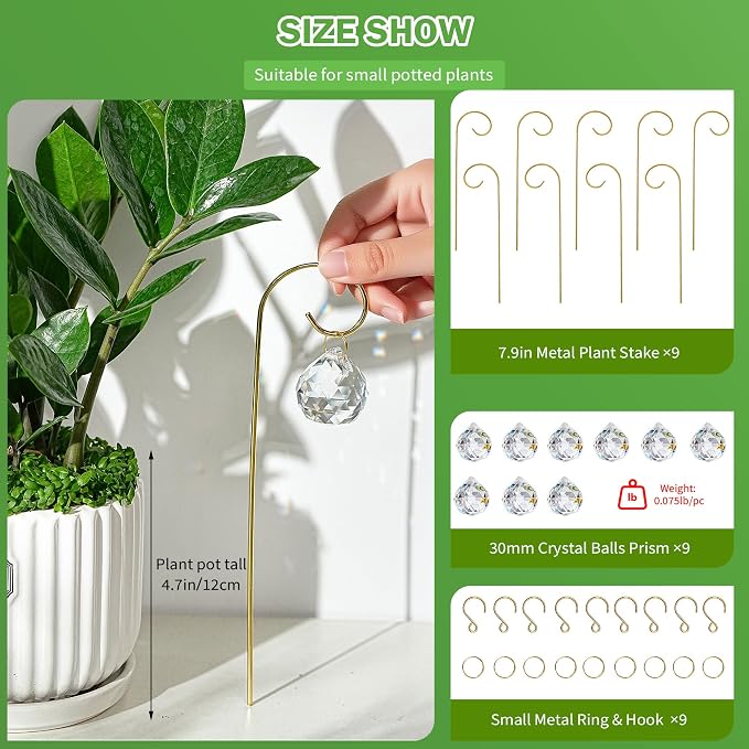 9pcs 30mm Crystal Ball Prism Suncatchers with 7.5'' Gold Trellis | For Mini Potted Plants,Miniature Garden Decorations,Fairy Garden Sun Catchers for Indoor Plants Accessories,Whimsical Decor