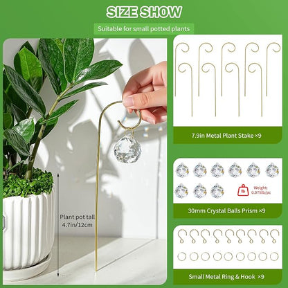 9pcs 30mm Crystal Ball Prism Suncatchers with 7.5'' Gold Trellis | For Mini Potted Plants,Miniature Garden Decorations,Fairy Garden Sun Catchers for Indoor Plants Accessories,Whimsical Decor