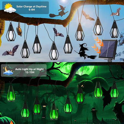 Solar String Lights for Outside, 33Ft Solar Patio Lights with 15 Flickering Flame Light Bulbs, Waterproof Green Solar Powered Outdoor Lights for Garden Yard Patio Gazebo Bistro Cafe Porch Party Decor