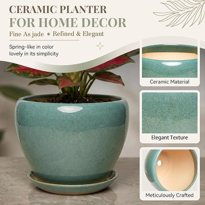 11 Inch Ceramic Plant Pot with Drainage Hole Mesh Net, Large Gardening Pots for Indoor Plants with Saucer, Blue-Green