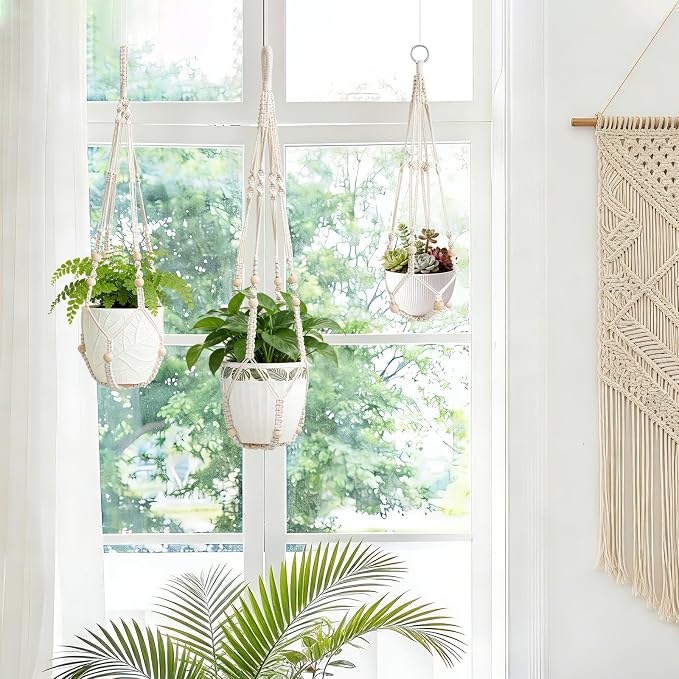 LEWESU 3 Pack Macrame Plant Hanger Indoor 3 Different Sizes Hanging Planter Basket Flower Pot Holder with Wood Beads & No Tassels for Boho Home Decor, 23, 30, 35 Inch, Ivory (Pot Not Included)