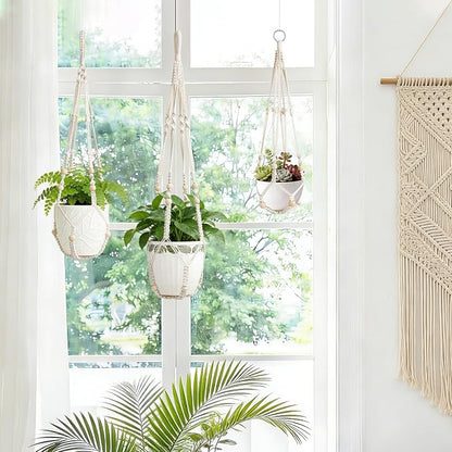 LEWESU 3 Pack Macrame Plant Hanger Indoor 3 Different Sizes Hanging Planter Basket Flower Pot Holder with Wood Beads & No Tassels for Boho Home Decor, 23, 30, 35 Inch, Ivory (Pot Not Included)