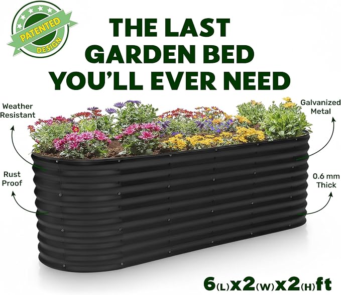 Plant & Plot Galvanized Raised Garden Beds Outdoor // 6×2×2 ft Planter Raised Beds for Gardening, Vegetables, Flowers // Large Metal Garden Box (Black) // Patented Tool-Free Design