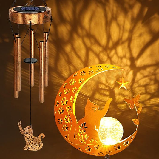2Pack Solar Moon Cat Wind Chimes, Cat Lover Gifts for Mom Women Men Birthday Mothers Day, Hanging Outdoor Decor Cracked Glass Ball Memorial Large Wind Chimes for Garden Yard Patio Porch