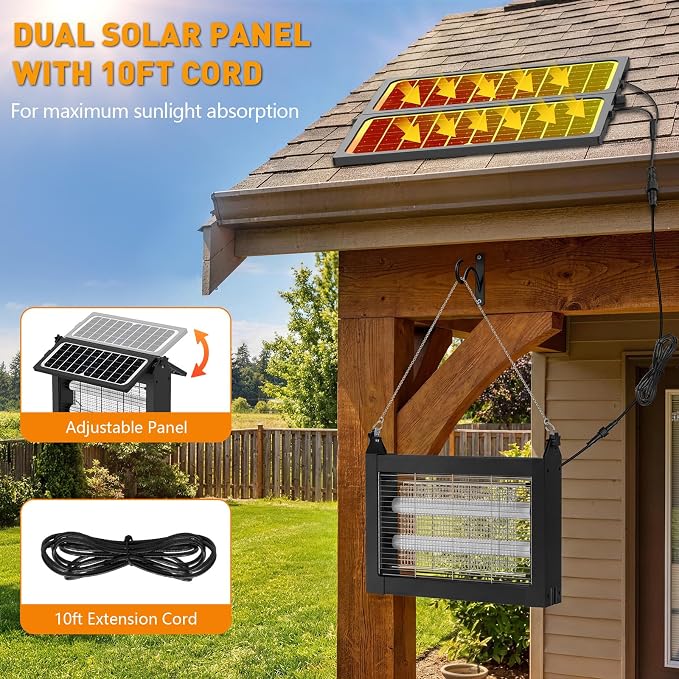Solar Bug Zapper Outdoor, 4500V Solar Mosquito Zapper with Dual Solar Panels, 1/2 Acre Coverage Cordless Rechargeable Electric Fly Zapper, IPX5 Waterproof Mosquito Traps for Backyard, Patio, Camping