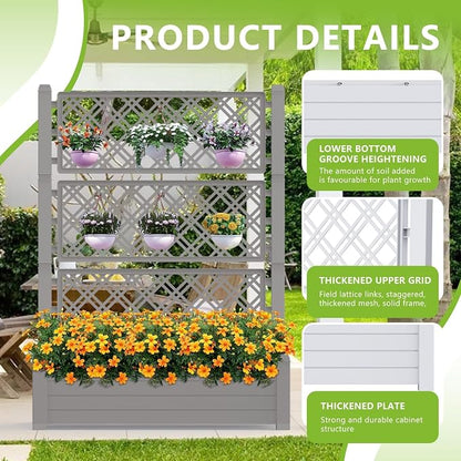 PatioZen Raised Garden Bed with Trellis for Climbing Plants, 43.43" L x 18.27" W x 59.29" H Self Watering Planter Box with Drainage Holes for Outdoor Backyard Patio Balcony, Anti-Rust Resin (Grey)