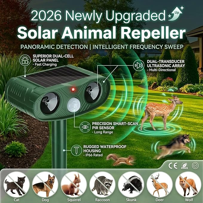 Solar Ultrasonic Animal Repeller Outdoor for Deer, Cats & Squirrels, 2 Pack | Sonic Fortress Pro Deer Repellent, IP65 Motion Activated Cat Deterrent to Scare Rabbit Raccoon for Garden Yard