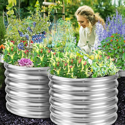 YSEJOMP 17" Tall 24" Diameter Round Raised Garden Bed Kits Outdoor Silver | 1.5 FT Tall,2FT Planter Bed for Flowers,Herbs,Vegetables,Trees,0.8MM Thick Galvanized Metal,with Gloves,Tool free