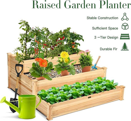 Giantex 3 Tier Raised Garden Bed Wood Elevated Planter Box Vegetable Flower Growing Bed Kit Outdoor Planting Container for Backyard Lawn Patio Planter Raised Beds, Easy Assembly 49"X49"X22"