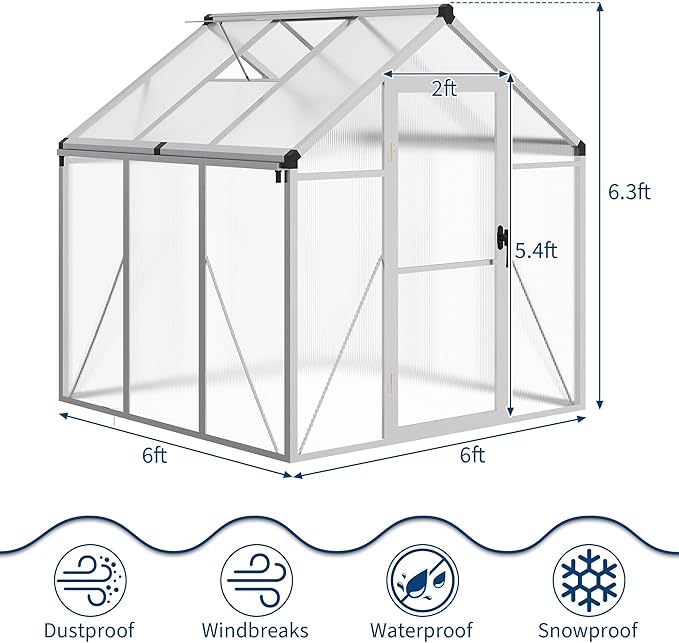 Greenhouse, 6x6 Ft Outdoor Greenhouses, Greenhouse Kit, Portablee Greenhouses with Ground Nails and Vent Windows, Sliding Lockable Door, Polycarbonate Green House for Outside Garden Backyard, White