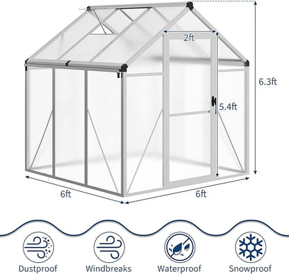 Greenhouse, 6x6 Ft Outdoor Greenhouses, Greenhouse Kit, Portablee Greenhouses with Ground Nails and Vent Windows, Sliding Lockable Door, Polycarbonate Green House for Outside Garden Backyard, White