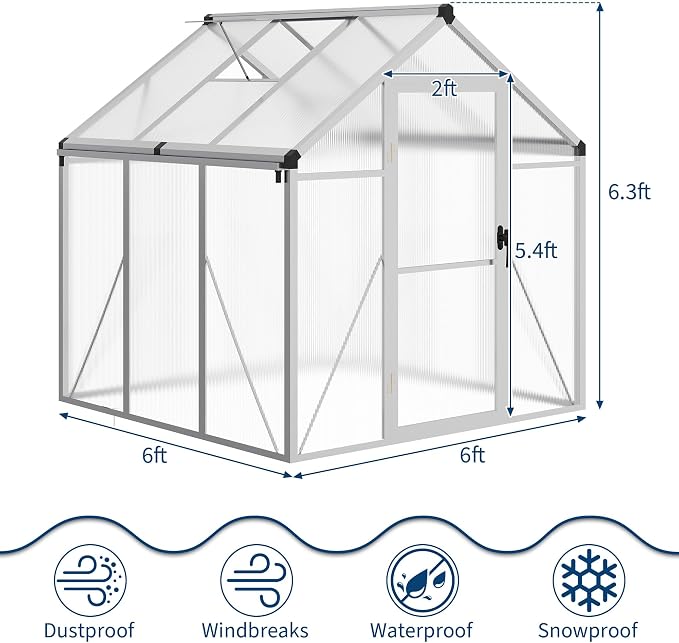 6X6 Ft Polycarbonate Greenhouse Sunroom with Aluminum Frame, Outdoor Greenhouse for Vegetables Herbs Flowers, Lockable Door & Adjustable Roof Vent, Patio Backyard Greenhouse Kit for Gardening, Silver