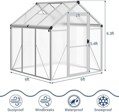 6X6 Ft Polycarbonate Greenhouse Sunroom with Aluminum Frame, Outdoor Greenhouse for Vegetables Herbs Flowers, Lockable Door & Adjustable Roof Vent, Patio Backyard Greenhouse Kit for Gardening, Silver