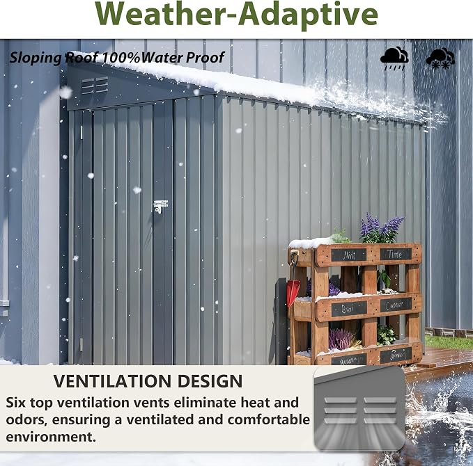 YOPTO 4x7 FT Lean to Storage Shed, Outdoor Metal Wall Side Storage Sheds with Lockable Door,Small Garden Tool Shed for Backayrd, Patio,Lawn,Easy Assembly,Gray