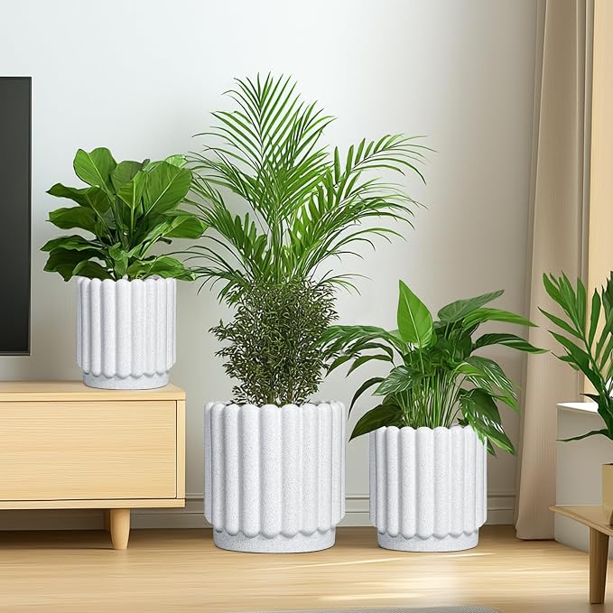 Ceramicfor Ceramic Plant Pot, 9.6 Inch, White | Drainage Hole, Round Flower Pot, Modern Fluted Design, Indoor & Outdoor Use