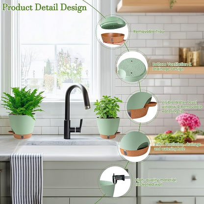 Self Watering Pots for Inoor Ourdoor Plants 8/7/6.5/6/5 Inch Plastic Planters with Drainage Holes & Water Level Indicator, Decorative House Flower Nursery Planting Pots with Saucers (Green)