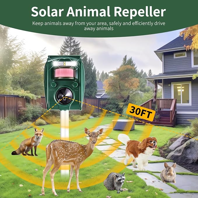 Adjustable-Mode Solar Ultrasonic Animal Repellent, Squirrel Deer Cat Raccoon Repellent Device, Outdoor Waterproof Motion Detection Animal Deterrent, Rabbit Dog Deterrent for Yard, 2P Dark Green