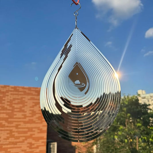 Hanging Wind Spinners,3D Water Droplets Shape Highly Reflective Stainless Steel Outdoor Garden Decor, Decorations to Scare Away Yard Birds 11.4inch 2Pcs
