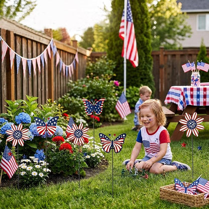 6Pack 4th of July Decorations Outdoor, 18.6Inch Patriotic Metal Flowers Butterfly Decorative Garden Stakes for Independence Day, Americana Patriotic Yard Signs Decor for Garden Lawn Porch
