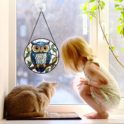 DASTOLL Stained Glass Window Hanging, Owl Gifts for Women Sun Catchers Diamond Glass Panel Hangings Birds Suncatcher Decor for Birthday for Women, Men, Wife, Aunt, and Mom 9.8 in