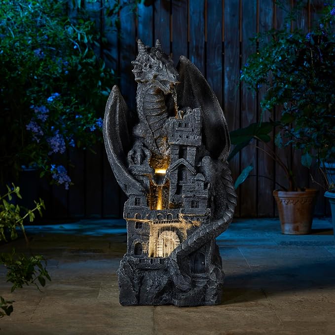 Glitzhome 4-Tiered Cascading Outdoor Water Fountain for Garden Patio Yard Mystical Gothic Dragon Water Fountains Outdoor with LED Lights & Pump, Large Floor Stand Fountain Dragon Waterfalls 36.5" H