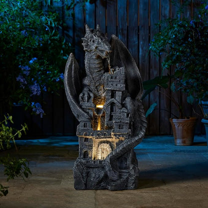 Glitzhome 4-Tiered Cascading Outdoor Water Fountain for Garden Patio Yard Mystical Gothic Dragon Water Fountains Outdoor with LED Lights & Pump, Large Floor Stand Fountain Dragon Waterfalls 36.5" H