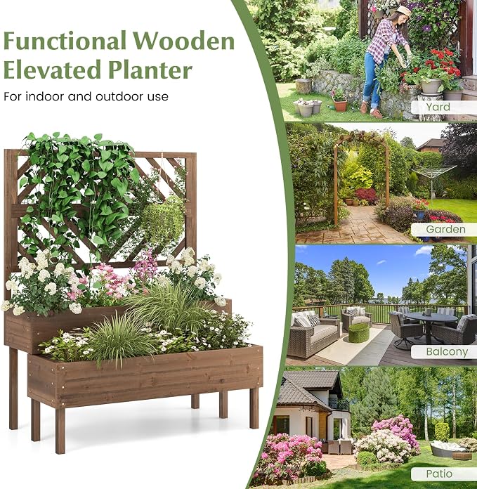 ORALNER Raised Garden Bed with Trellis, 43” x 24.5” x 53” Outdoor 2-Tier Wooden Planter Box with Drainage Holes, Elevated Garden Trellis Planter for Vine Flower Herb Fruit Vegetable (Brown)