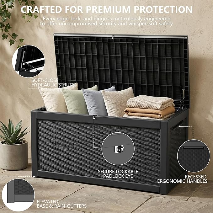 Outdoor Storage Box, 320 Gallon Waterproof Deck Box [Upgraded 3.0], Dual Gas-Spring Ultimate Resin Organizer for King Cushions, Heavy-Duty Lockable Estate Storage Bench, Backyard BBQ, Black