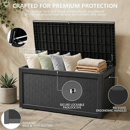Outdoor Storage Box, 320 Gallon Waterproof Deck Box [Upgraded 3.0], Dual Gas-Spring Ultimate Resin Organizer for King Cushions, Heavy-Duty Lockable Estate Storage Bench, Backyard BBQ, Black
