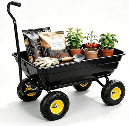 Heavy Duty Garden Dump Cart - 600lbs Load Capacity, 10" All-Terrain Wheels, Quick-Release System, Durable Poly Bed, 180° Rotating Handle, Yard Cart for Landscaping, Farm, and Outdoor Work