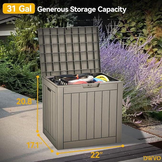 DWVO 30 Gallon Outdoor Storage Box, Weatherproof Lockable Resin Deck Box for Patio Furniture, Pool Accessories, Garden Tools, and Supplies - Brown