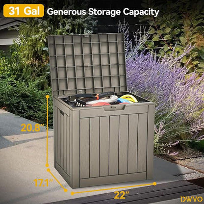 DWVO 30 Gallon Outdoor Storage Box, Weatherproof Lockable Resin Deck Box for Patio Furniture, Pool Accessories, Garden Tools, and Supplies - Brown